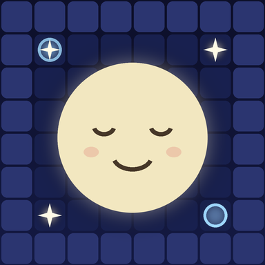 The Stargazer app icon: Luna, a sleepy moon with a face, on a push puzzle board with stars and goal rings.